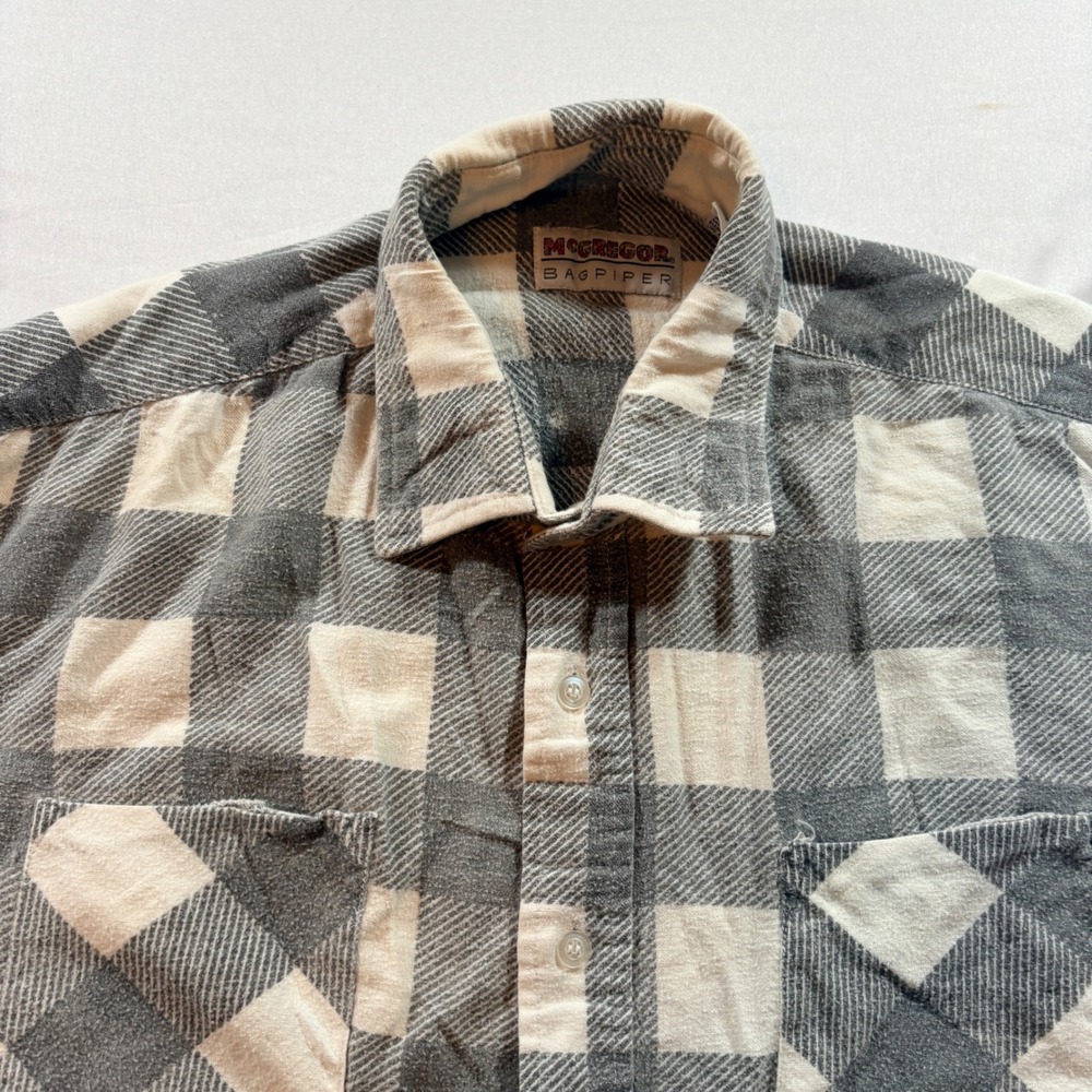 McGregor Bagpiper Flannel Shirt Mens XL Grey White Plaid Cotton Button Down